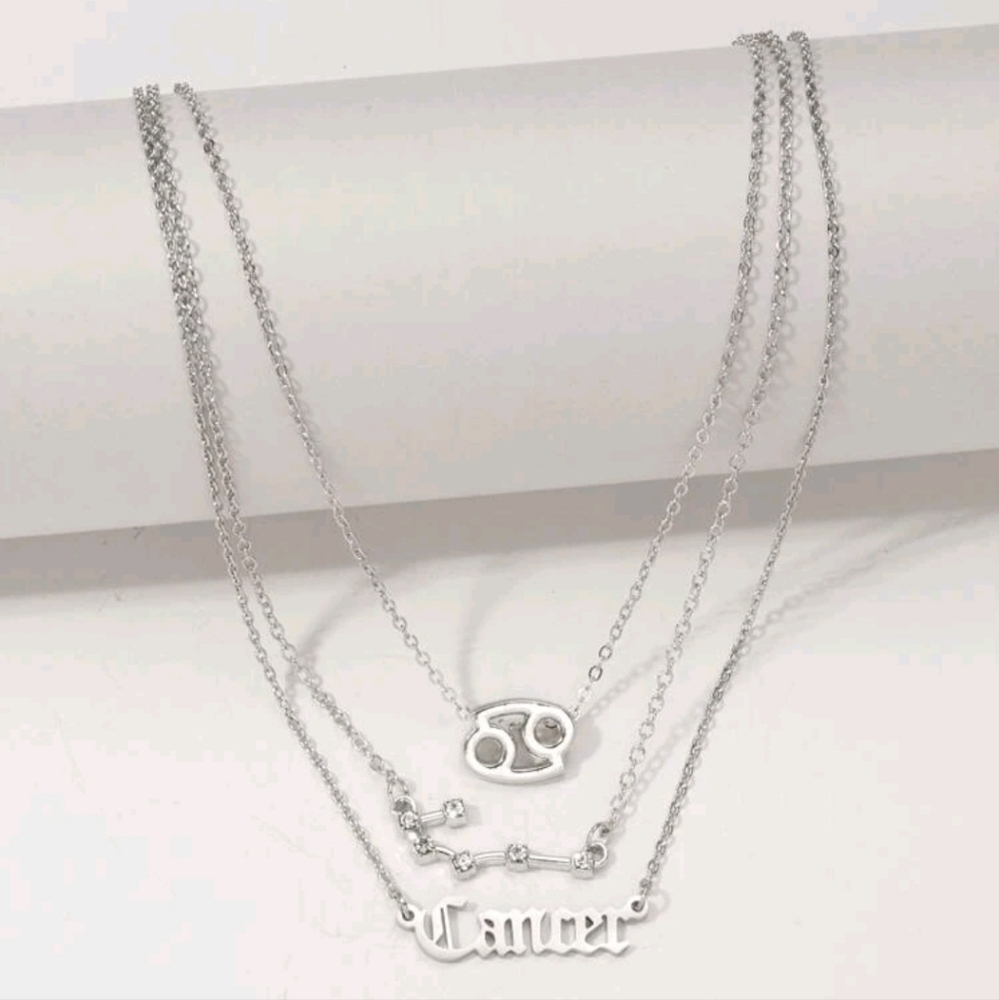 Zodiac 3 Piece Silver Tone Charm Necklace, Cancer - Picture 2 of 4